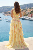 Laden Sie das Bild in den Galerie-Viewer, V-Ausschnitt A Linie Buttergelb Blumen Ballkleid mit Rüschen