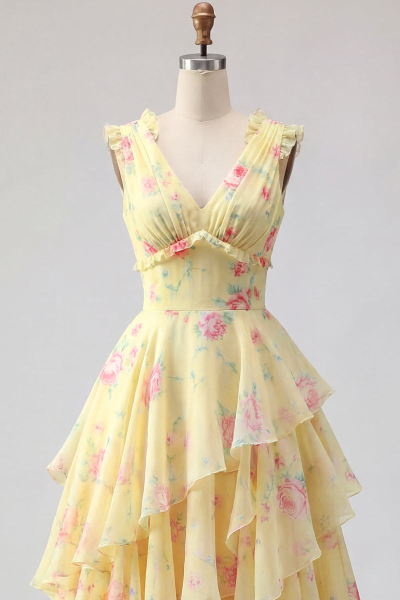 Laden Sie das Bild in den Galerie-Viewer, V-Ausschnitt A Linie Buttergelb Blumen Ballkleid mit Rüschen