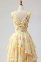 Laden Sie das Bild in den Galerie-Viewer, V-Ausschnitt A Linie Buttergelb Blumen Ballkleid mit Rüschen