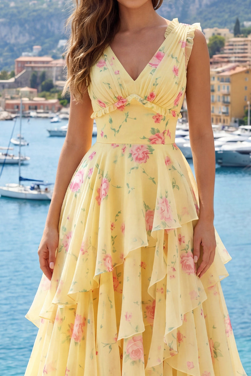 Laden Sie das Bild in den Galerie-Viewer, V-Ausschnitt A Linie Buttergelb Blumen Ballkleid mit Rüschen