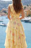 Laden Sie das Bild in den Galerie-Viewer, V-Ausschnitt A Linie Buttergelb Blumen Ballkleid mit Rüschen
