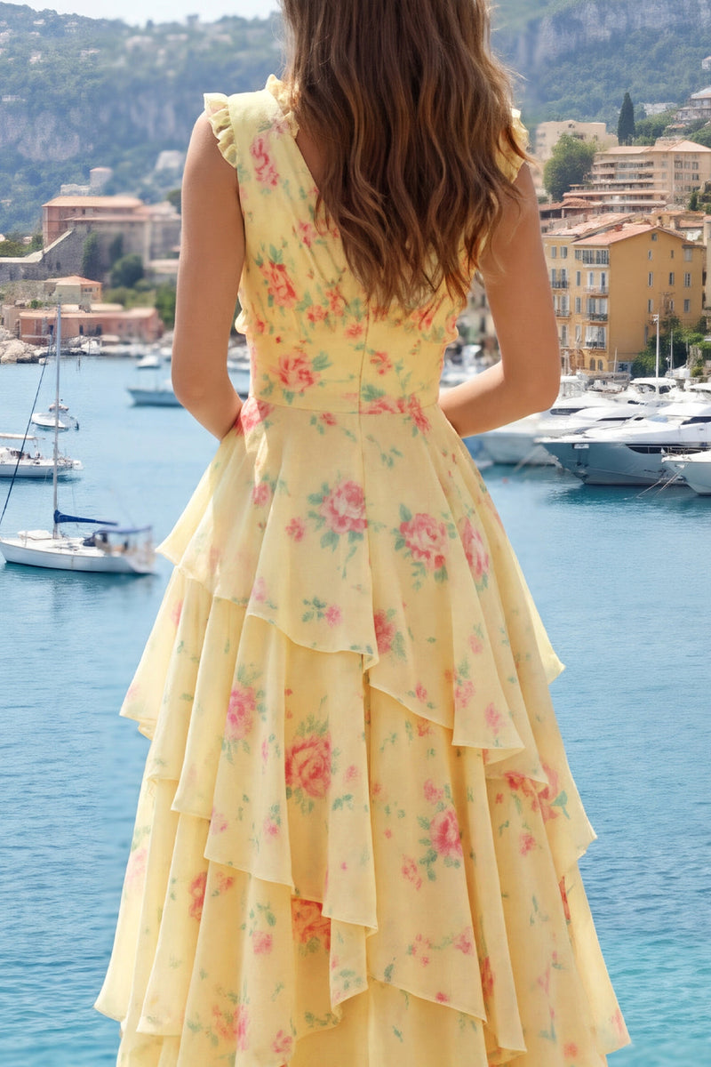 Laden Sie das Bild in den Galerie-Viewer, V-Ausschnitt A Linie Buttergelb Blumen Ballkleid mit Rüschen
