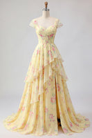 Laden Sie das Bild in den Galerie-Viewer, Fledermausärmel A Linie Buttergelb Rüschen Blumen Ballkleid mit Schlitz