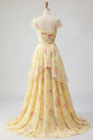 Laden Sie das Bild in den Galerie-Viewer, Fledermausärmel A Linie Buttergelb Rüschen Blumen Ballkleid mit Schlitz