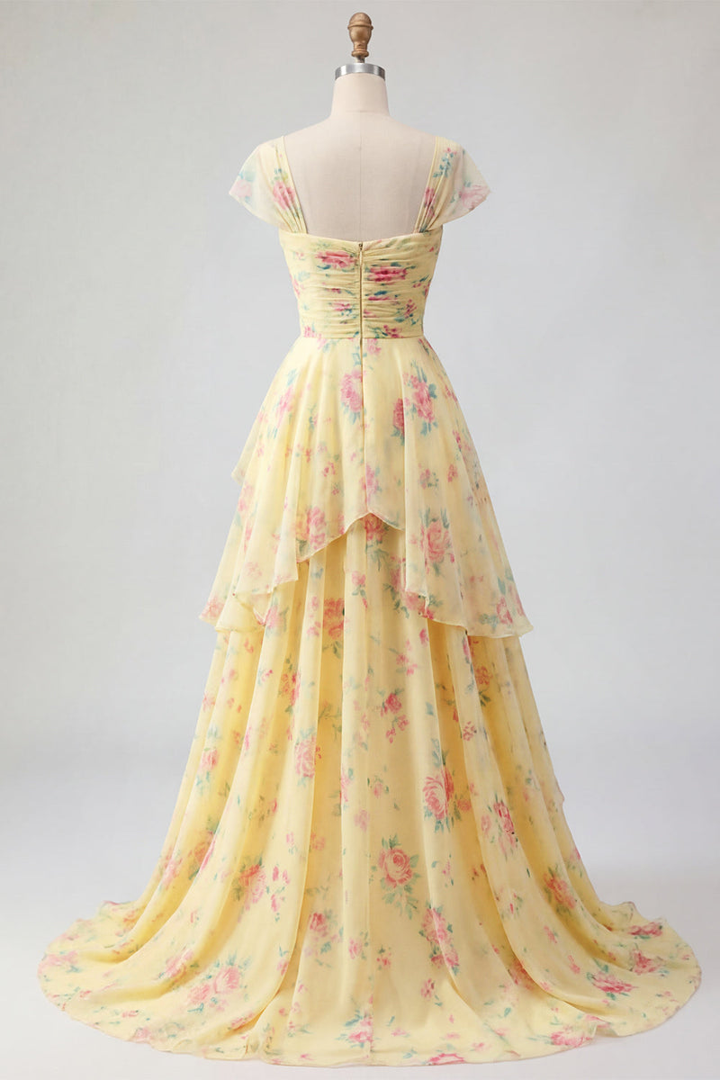 Laden Sie das Bild in den Galerie-Viewer, Fledermausärmel A Linie Buttergelb Rüschen Blumen Ballkleid mit Schlitz