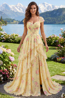 Laden Sie das Bild in den Galerie-Viewer, Fledermausärmel A Linie Buttergelb Rüschen Blumen Ballkleid mit Schlitz