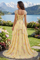 Laden Sie das Bild in den Galerie-Viewer, Fledermausärmel A Linie Buttergelb Rüschen Blumen Ballkleid mit Schlitz