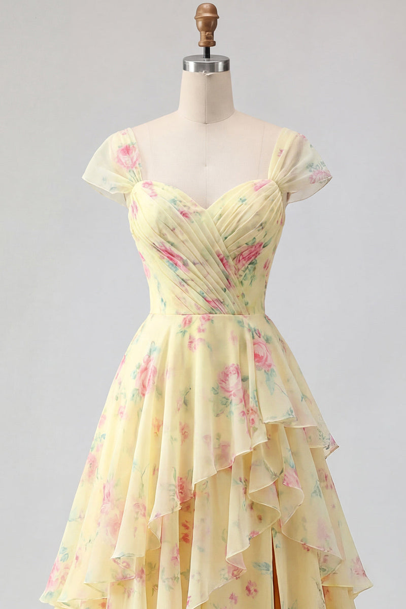 Laden Sie das Bild in den Galerie-Viewer, Fledermausärmel A Linie Buttergelb Rüschen Blumen Ballkleid mit Schlitz