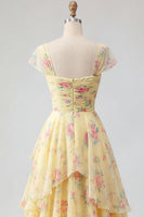 Laden Sie das Bild in den Galerie-Viewer, Fledermausärmel A Linie Buttergelb Rüschen Blumen Ballkleid mit Schlitz