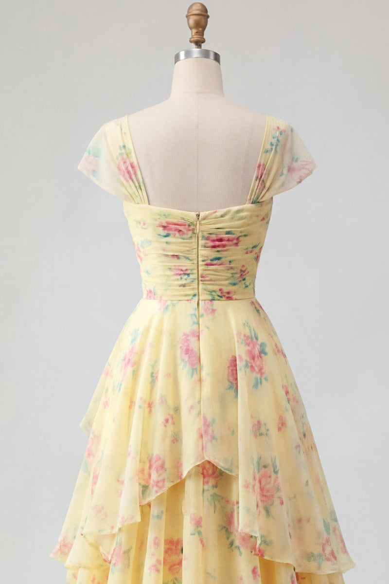 Laden Sie das Bild in den Galerie-Viewer, Fledermausärmel A Linie Buttergelb Rüschen Blumen Ballkleid mit Schlitz