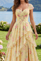 Laden Sie das Bild in den Galerie-Viewer, Fledermausärmel A Linie Buttergelb Rüschen Blumen Ballkleid mit Schlitz