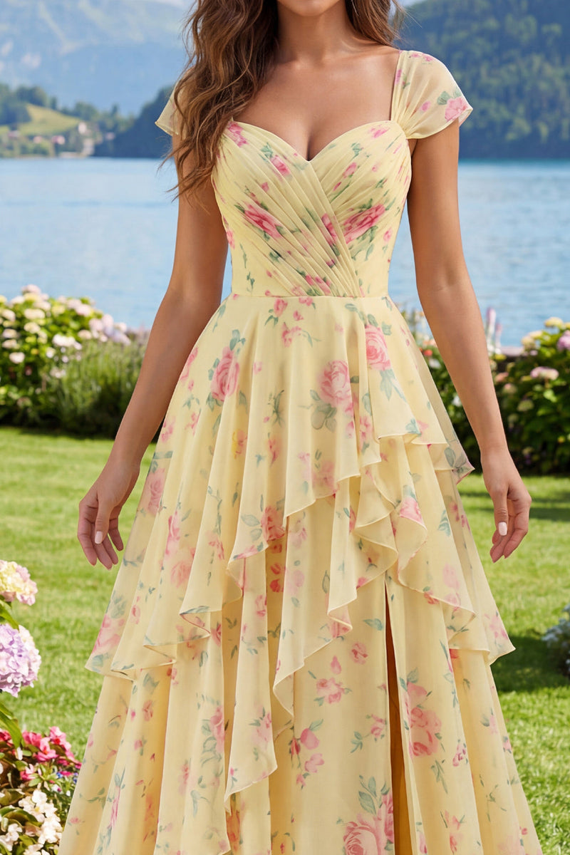 Laden Sie das Bild in den Galerie-Viewer, Fledermausärmel A Linie Buttergelb Rüschen Blumen Ballkleid mit Schlitz