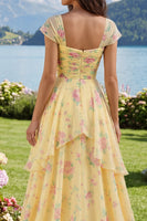Laden Sie das Bild in den Galerie-Viewer, Fledermausärmel A Linie Buttergelb Rüschen Blumen Ballkleid mit Schlitz