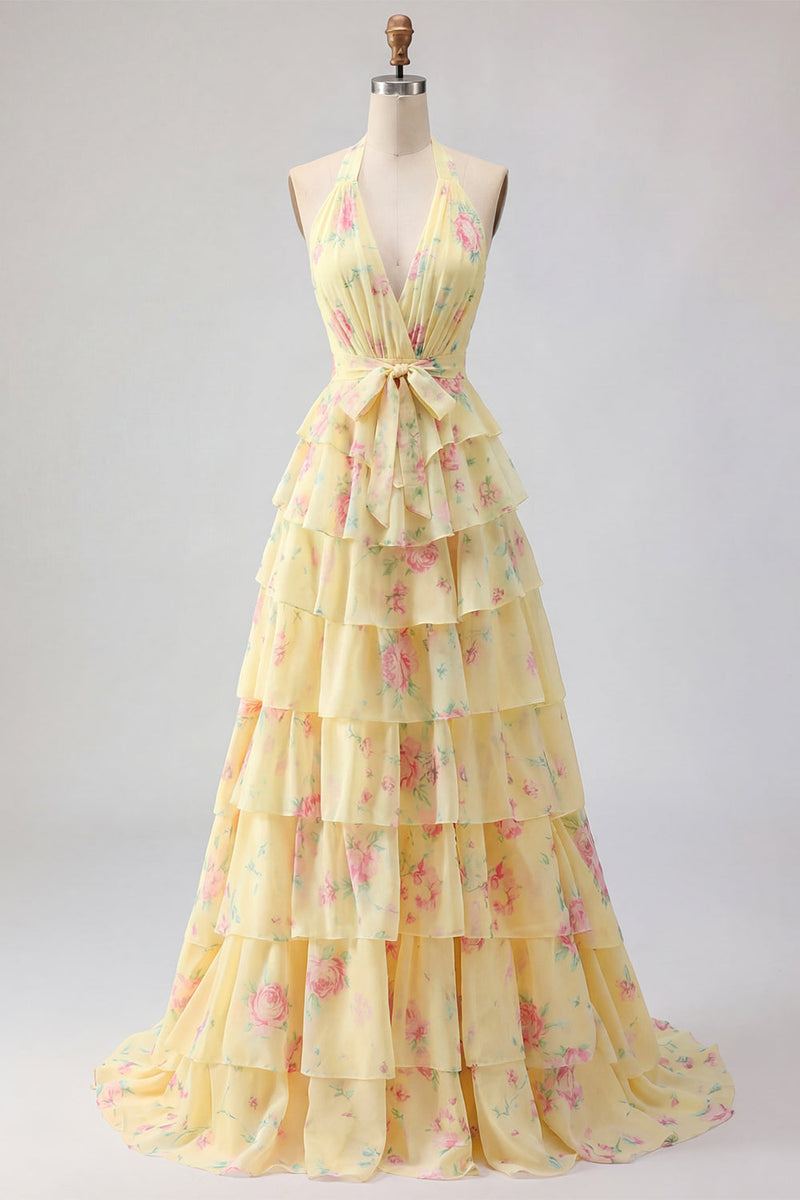 Laden Sie das Bild in den Galerie-Viewer, Halfter A Linie Buttergelb Blumen Ballkleid mit Rüschen