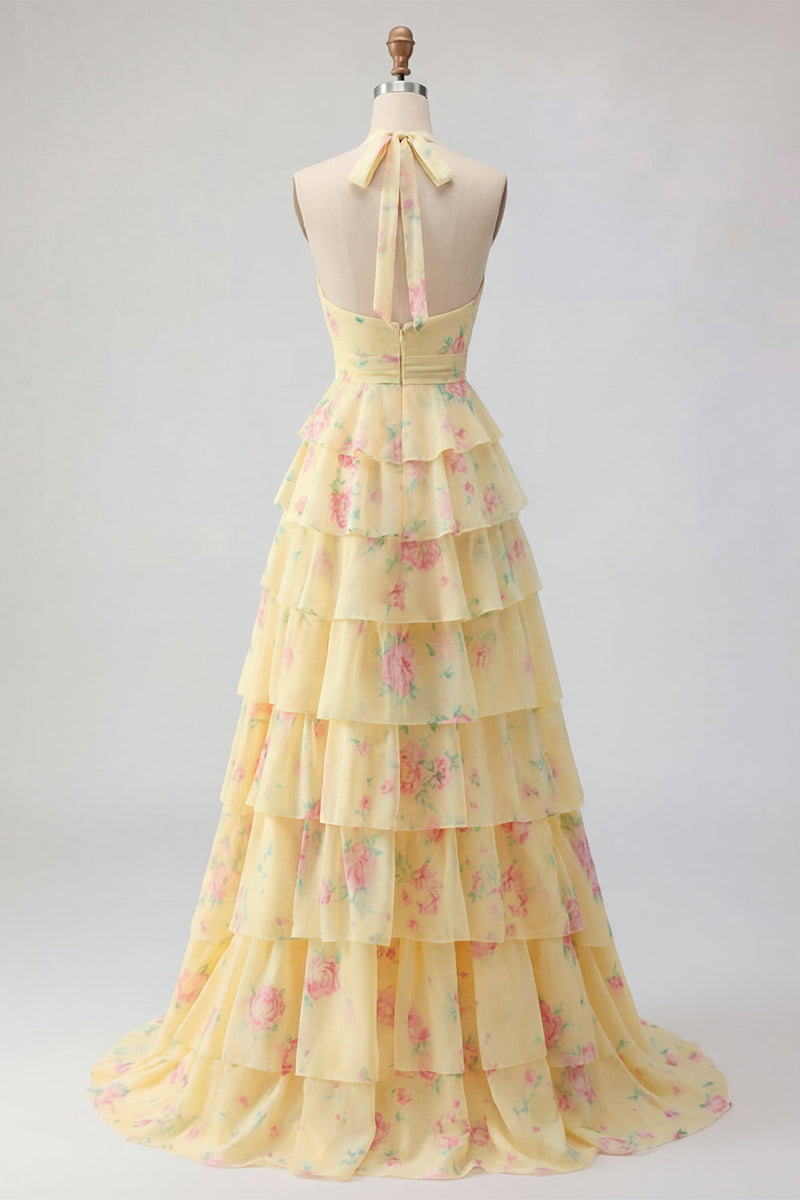 Laden Sie das Bild in den Galerie-Viewer, Halfter A Linie Buttergelb Blumen Ballkleid mit Rüschen