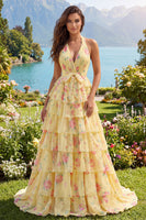 Laden Sie das Bild in den Galerie-Viewer, Halfter A Linie Buttergelb Blumen Ballkleid mit Rüschen