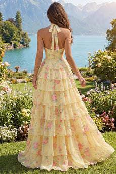 Halfter A Linie Buttergelb Blumen Ballkleid mit Rüschen