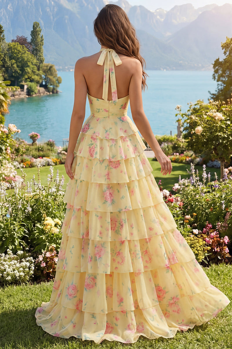 Laden Sie das Bild in den Galerie-Viewer, Halfter A Linie Buttergelb Blumen Ballkleid mit Rüschen