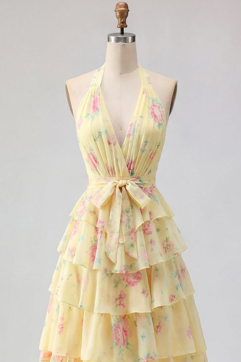 Laden Sie das Bild in den Galerie-Viewer, Halfter A Linie Buttergelb Blumen Ballkleid mit Rüschen