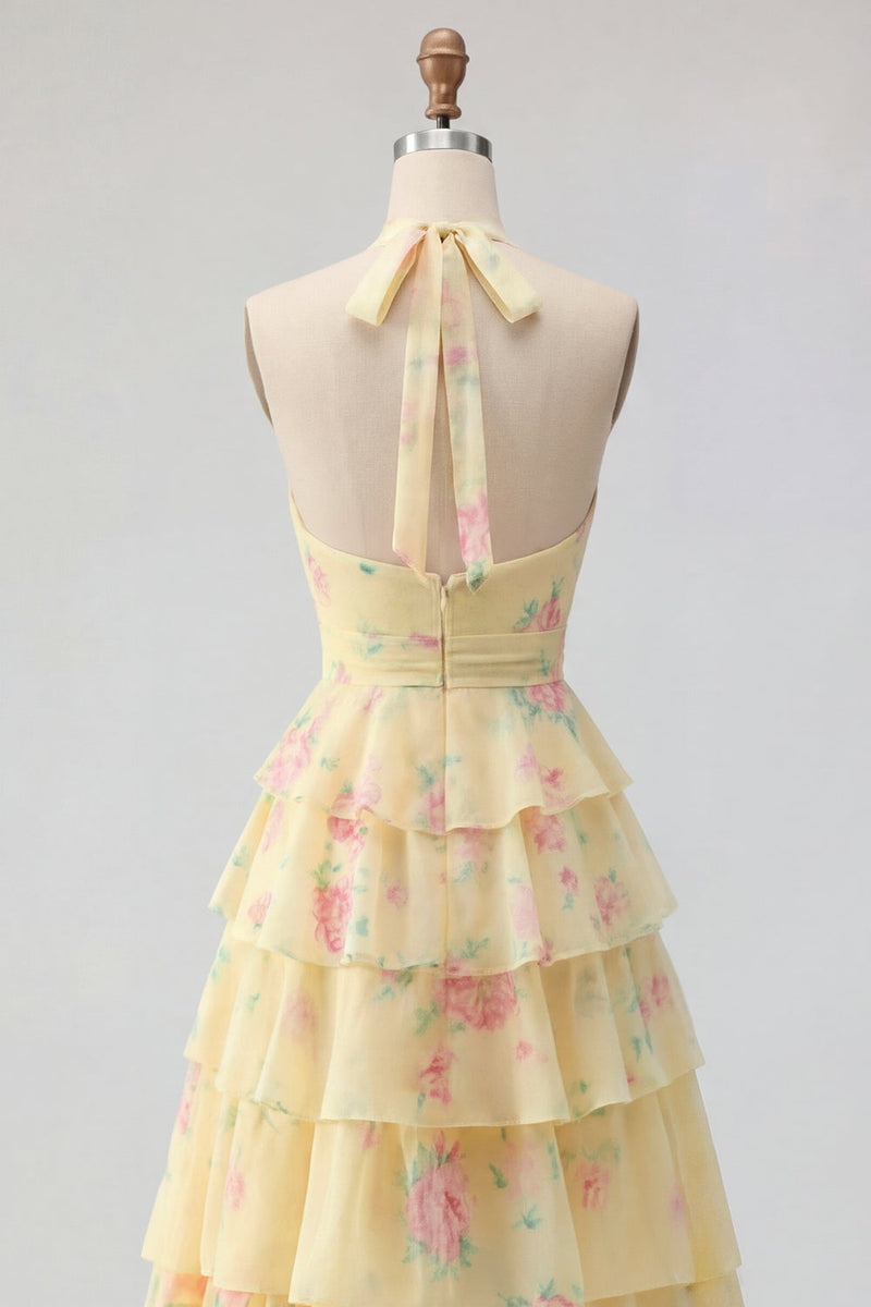Laden Sie das Bild in den Galerie-Viewer, Halfter A Linie Buttergelb Blumen Ballkleid mit Rüschen