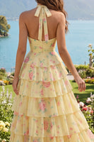 Laden Sie das Bild in den Galerie-Viewer, Halfter A Linie Buttergelb Blumen Ballkleid mit Rüschen