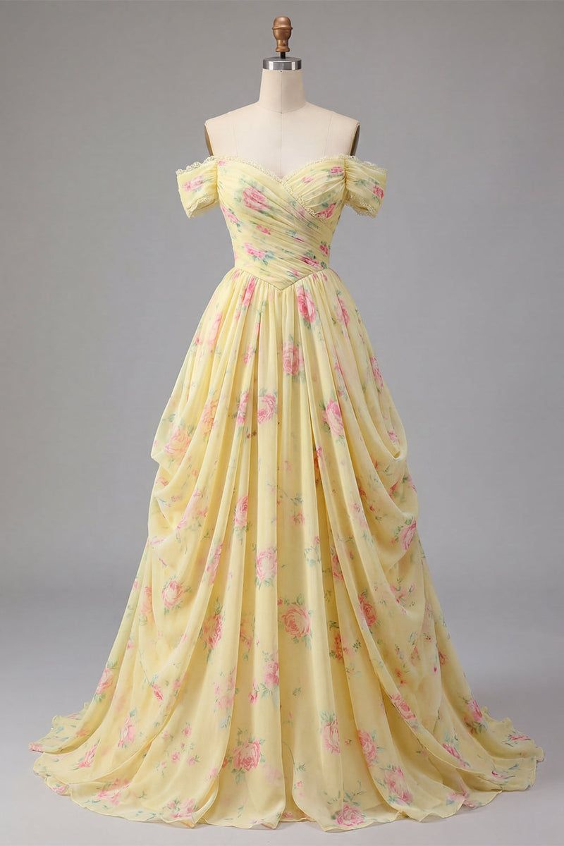 Laden Sie das Bild in den Galerie-Viewer, Gerafft Schulterfrei A Linie Buttergelb Blumen Ballkleid