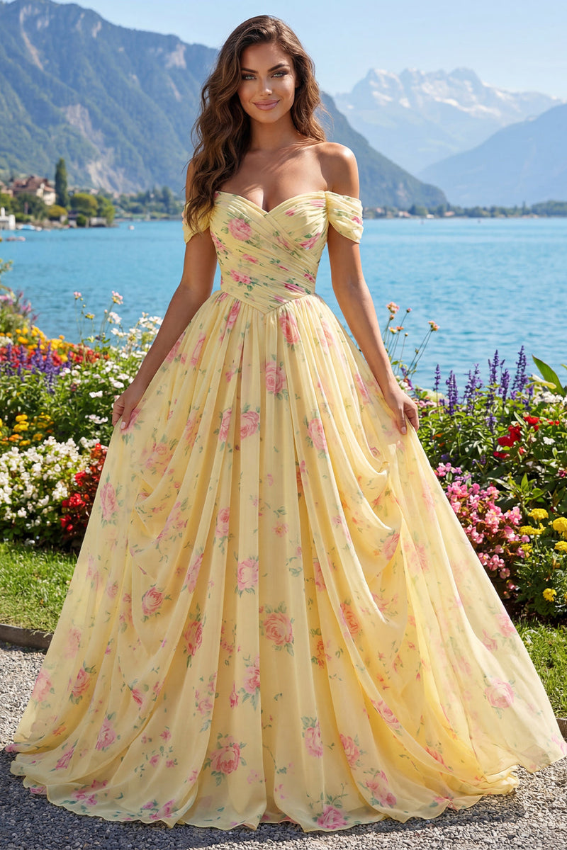 Laden Sie das Bild in den Galerie-Viewer, Gerafft Schulterfrei A Linie Buttergelb Blumen Ballkleid