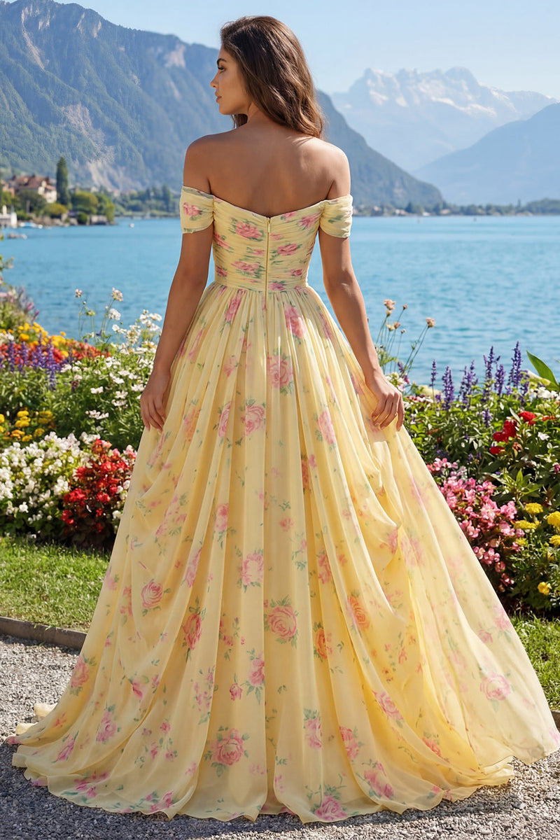Laden Sie das Bild in den Galerie-Viewer, Gerafft Schulterfrei A Linie Buttergelb Blumen Ballkleid