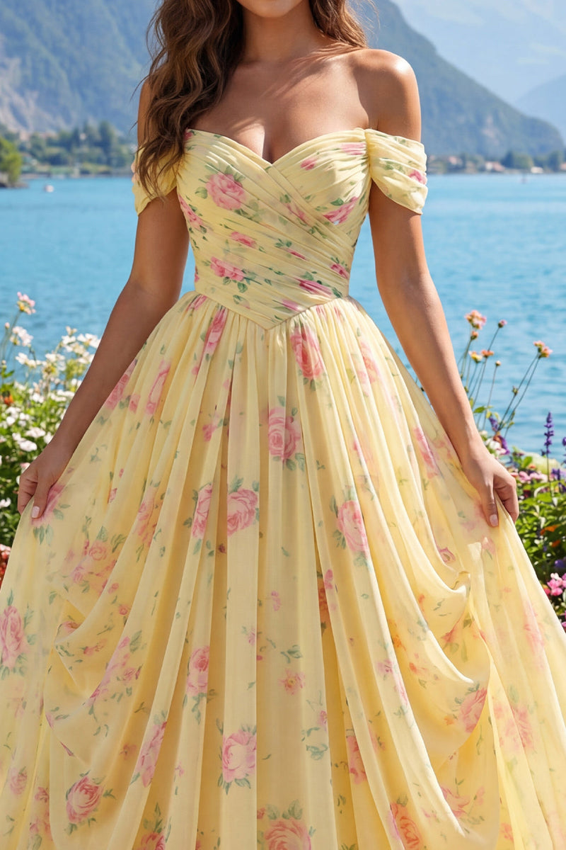 Laden Sie das Bild in den Galerie-Viewer, Gerafft Schulterfrei A Linie Buttergelb Blumen Ballkleid