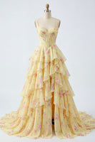 Laden Sie das Bild in den Galerie-Viewer, Spaghettiträger A Linie Buttergelb Korsett Blumen Ballkleid mit Rüschen