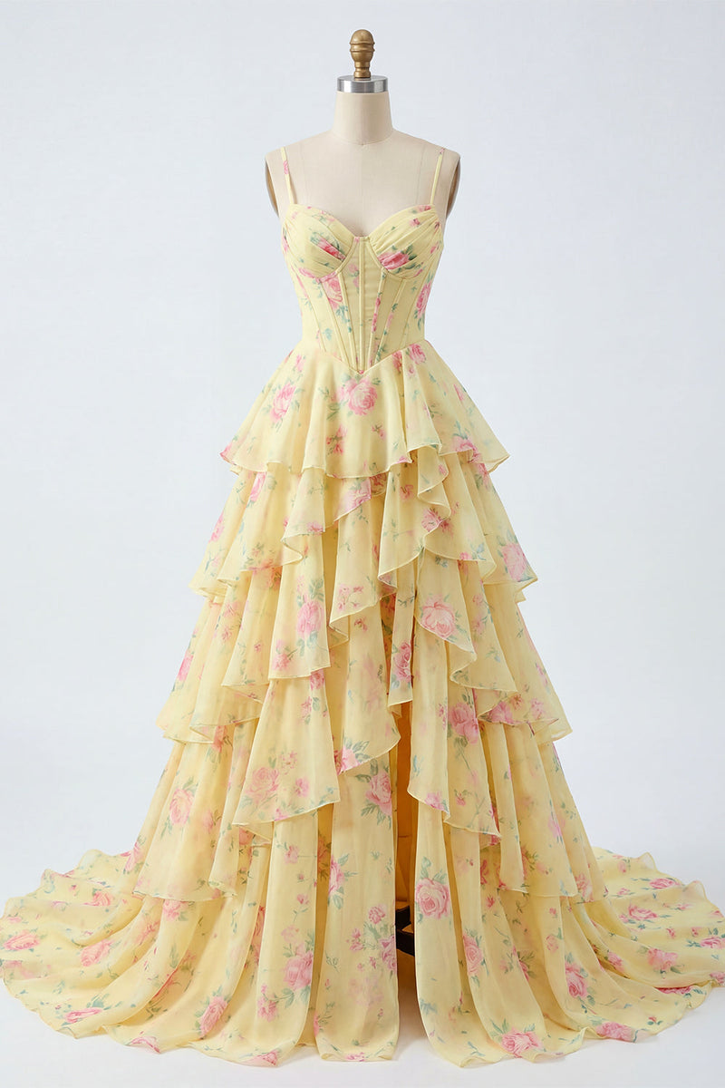 Laden Sie das Bild in den Galerie-Viewer, Spaghettiträger A Linie Buttergelb Korsett Blumen Ballkleid mit Rüschen
