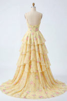 Laden Sie das Bild in den Galerie-Viewer, Spaghettiträger A Linie Buttergelb Korsett Blumen Ballkleid mit Rüschen