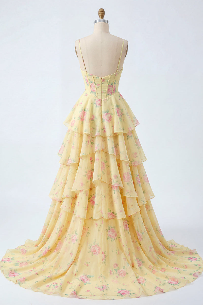 Laden Sie das Bild in den Galerie-Viewer, Spaghettiträger A Linie Buttergelb Korsett Blumen Ballkleid mit Rüschen