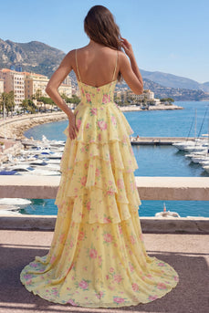 Spaghettiträger A Linie Buttergelb Korsett Blumen Ballkleid mit Rüschen