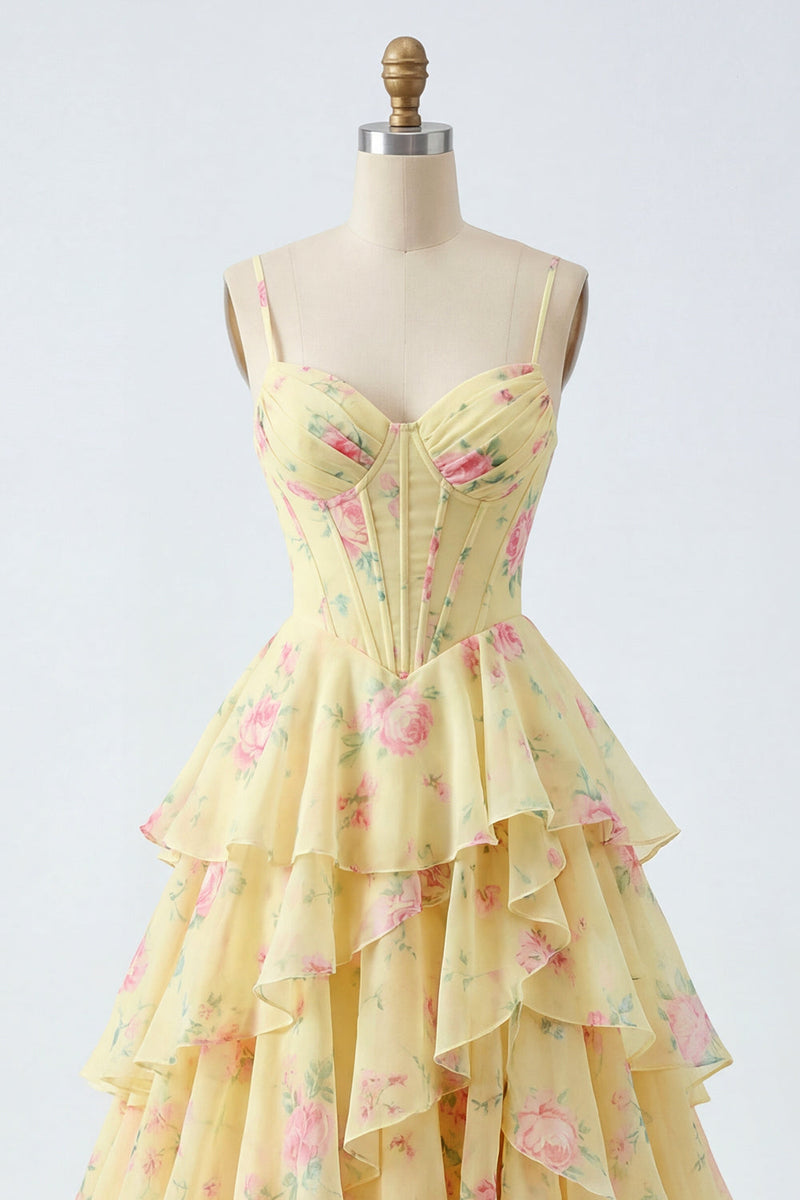 Laden Sie das Bild in den Galerie-Viewer, Spaghettiträger A Linie Buttergelb Korsett Blumen Ballkleid mit Rüschen