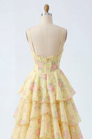 Laden Sie das Bild in den Galerie-Viewer, Spaghettiträger A Linie Buttergelb Korsett Blumen Ballkleid mit Rüschen