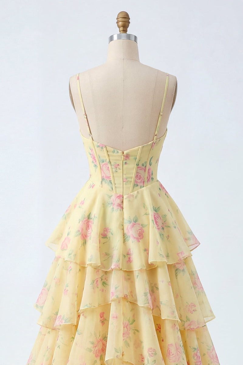 Laden Sie das Bild in den Galerie-Viewer, Spaghettiträger A Linie Buttergelb Korsett Blumen Ballkleid mit Rüschen