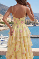Laden Sie das Bild in den Galerie-Viewer, Spaghettiträger A Linie Buttergelb Korsett Blumen Ballkleid mit Rüschen