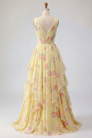 Laden Sie das Bild in den Galerie-Viewer, Buttergelb Blumen V-Ausschnitt Gerafft A Linie Ballkleid mit Rüschen
