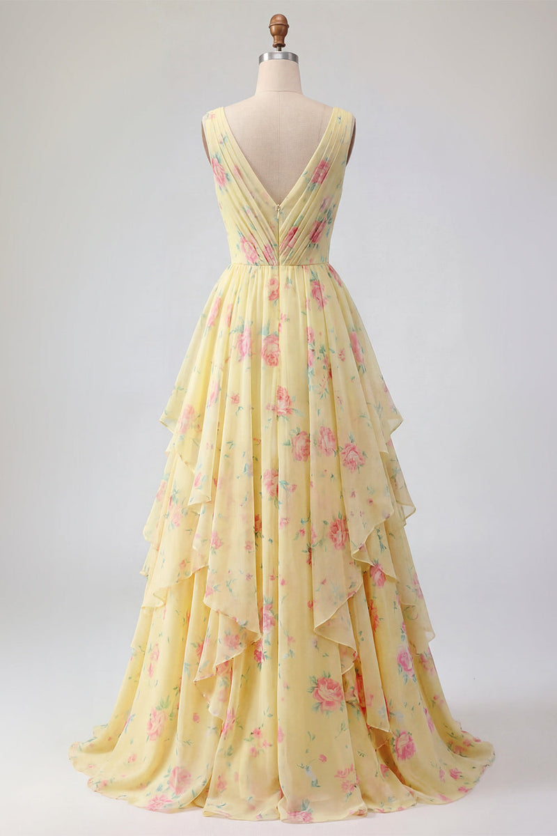 Laden Sie das Bild in den Galerie-Viewer, Buttergelb Blumen V-Ausschnitt Gerafft A Linie Ballkleid mit Rüschen