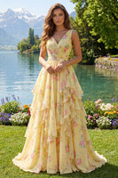 Laden Sie das Bild in den Galerie-Viewer, Buttergelb Blumen V-Ausschnitt Gerafft A Linie Ballkleid mit Rüschen