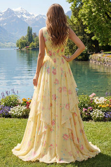 Buttergelb Blumen V-Ausschnitt Gerafft A Linie Ballkleid mit Rüschen