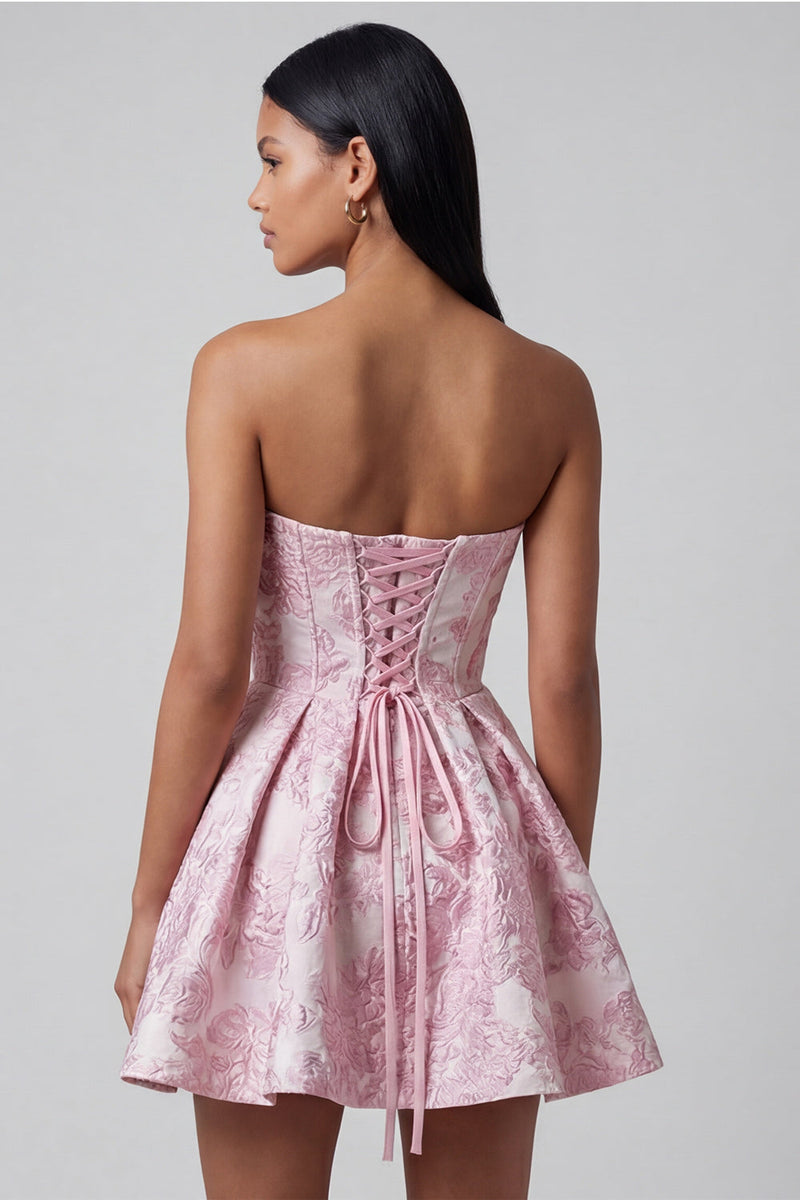 Laden Sie das Bild in den Galerie-Viewer, Rüschen Trägerlos Rosa A Linie Kurz Blumen Korsett Hochzeitskleid für Gäste mit Schleife