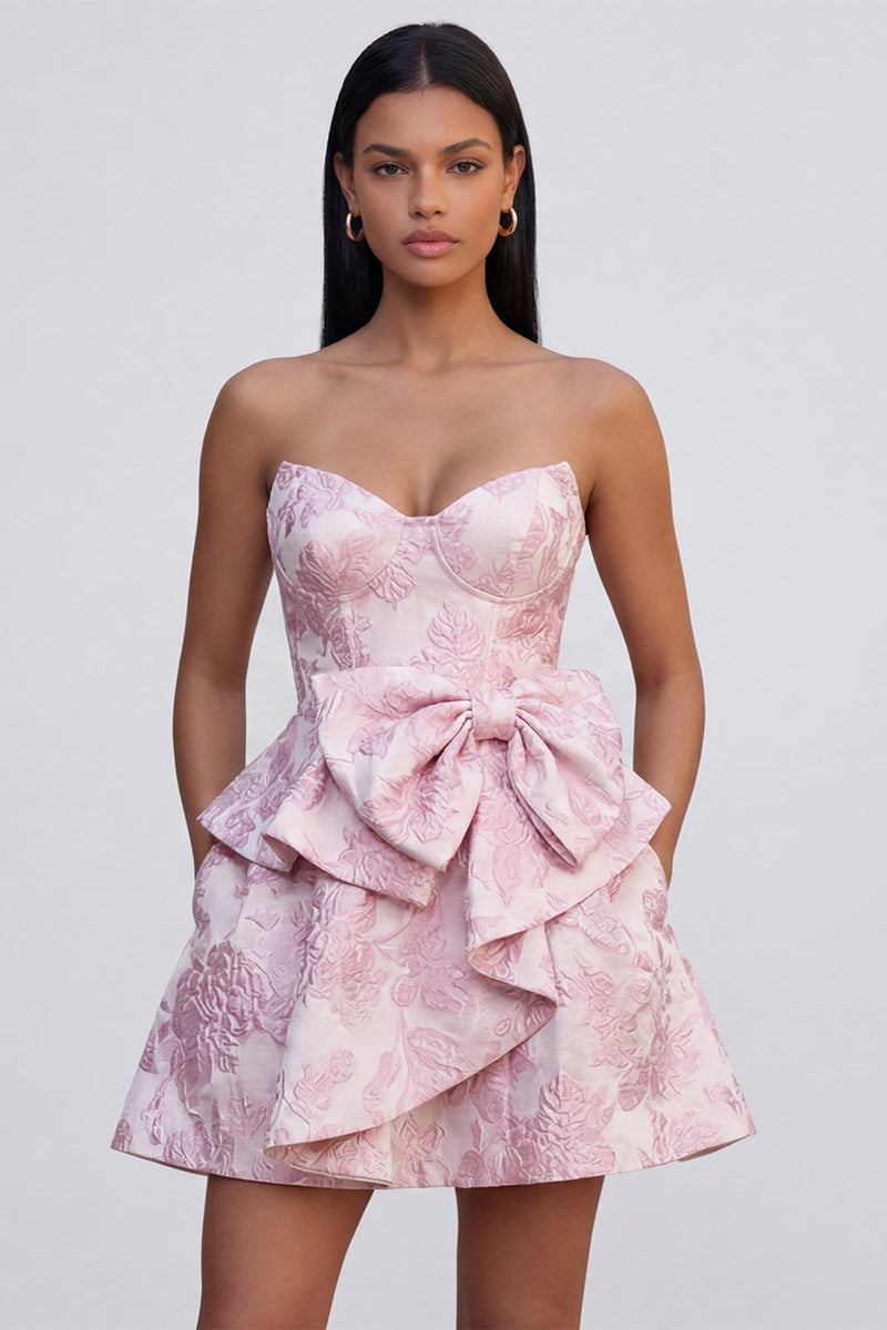 Laden Sie das Bild in den Galerie-Viewer, Rüschen Trägerlos Rosa A Linie Kurz Blumen Korsett Hochzeitskleid für Gäste mit Schleife