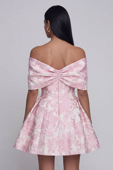 A Linie Kurz Blumen Schulterfrei Rosa Hochzeitskleid für Gäste mit Schleife