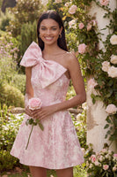 Laden Sie das Bild in den Galerie-Viewer, Rosa A Linie Kurz Blumen Ein Schulter Hochzeitskleid für Gäste mit Schleife