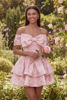 Laden Sie das Bild in den Galerie-Viewer, Rüschen Kurz Blumen Schulterfrei Rosa A Linie Hochzeitskleid für Gäste mit Schleife
