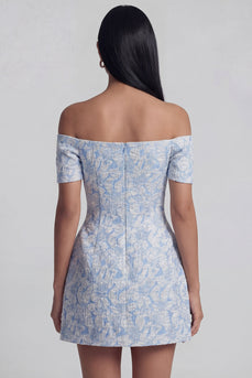Blau A Linie Kurz Blumen Schulterfrei Hochzeitskleid für Gäste mit Schleife