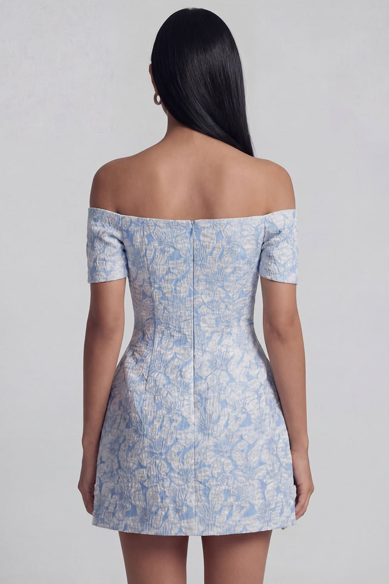 Laden Sie das Bild in den Galerie-Viewer, Blau A Linie Kurz Blumen Schulterfrei Hochzeitskleid für Gäste mit Schleife