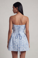 Laden Sie das Bild in den Galerie-Viewer, Trägerlos Blau A Linie Kurz Blumen Hochzeitskleid für Gäste mit Schleife